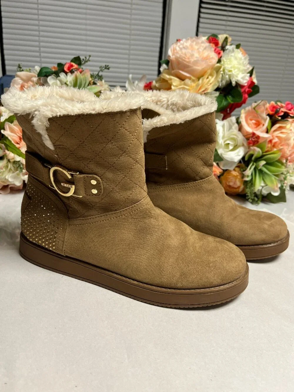 G by Guess Tan Faux Fur Quilted Boots Rhinestone Buckle Size M8